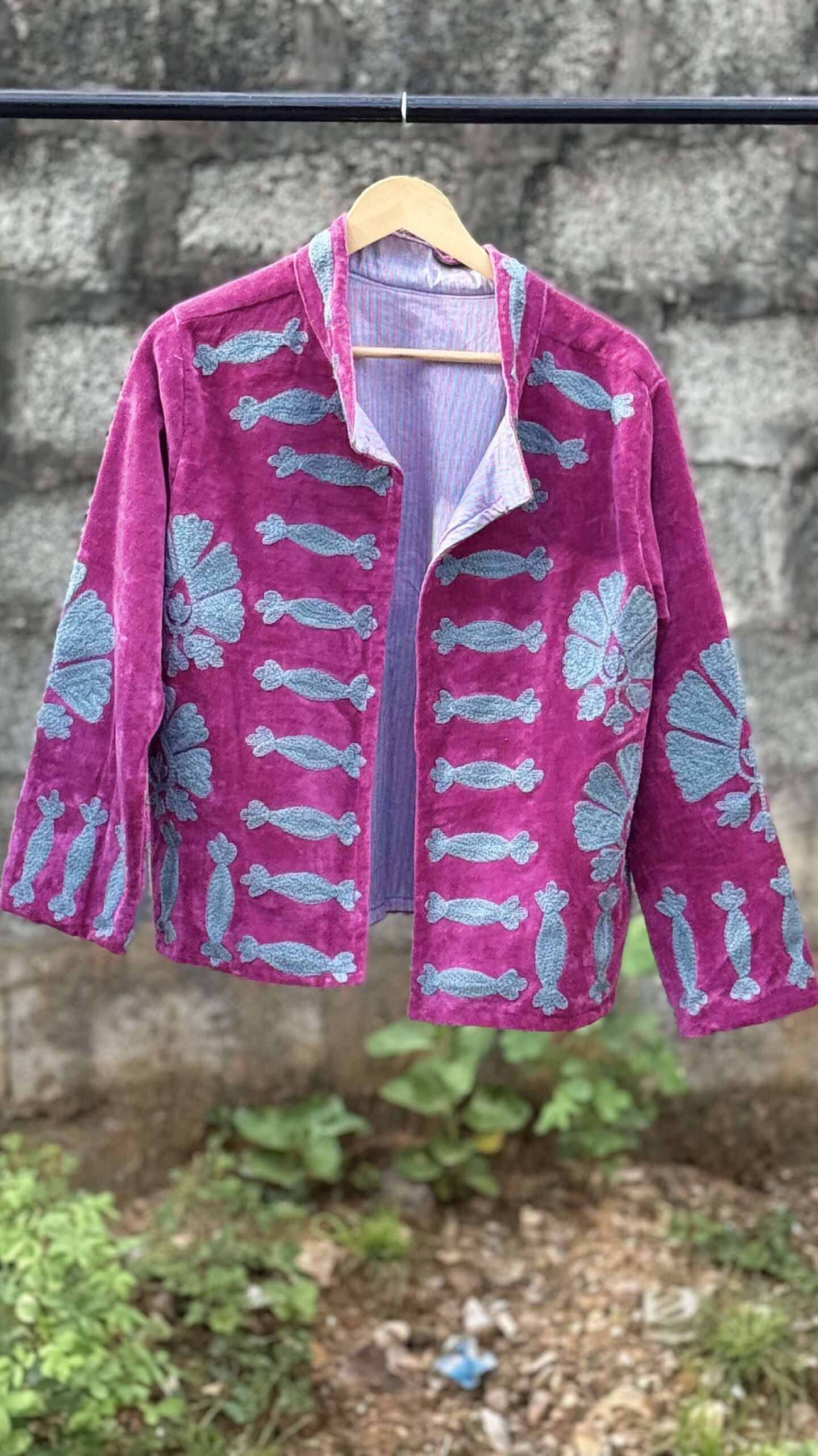 Womens Pink Velvet Embroidered Jacket with Floral Design - Image 2