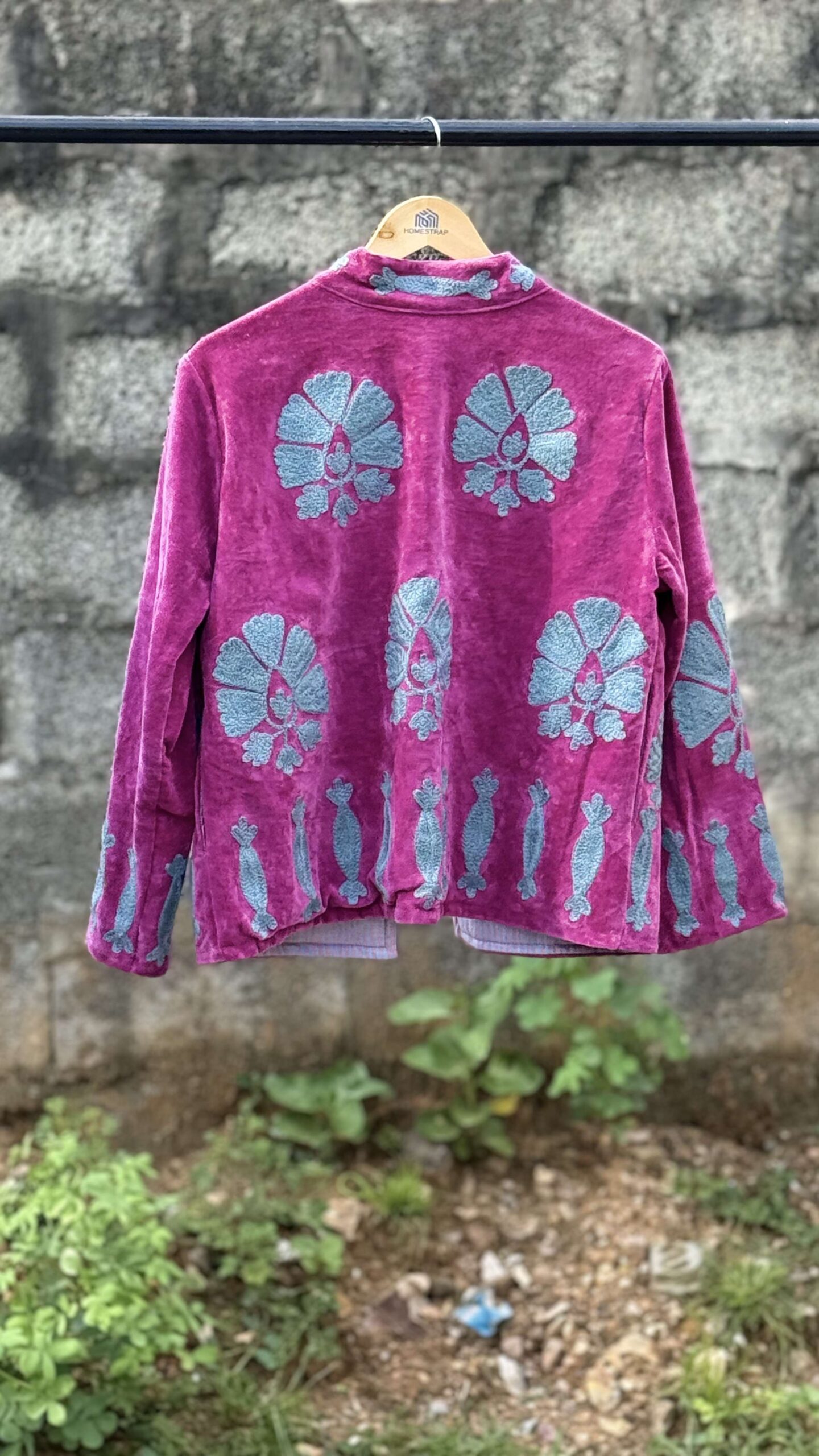 Womens Pink Velvet Embroidered Jacket with Floral Design - Image 4