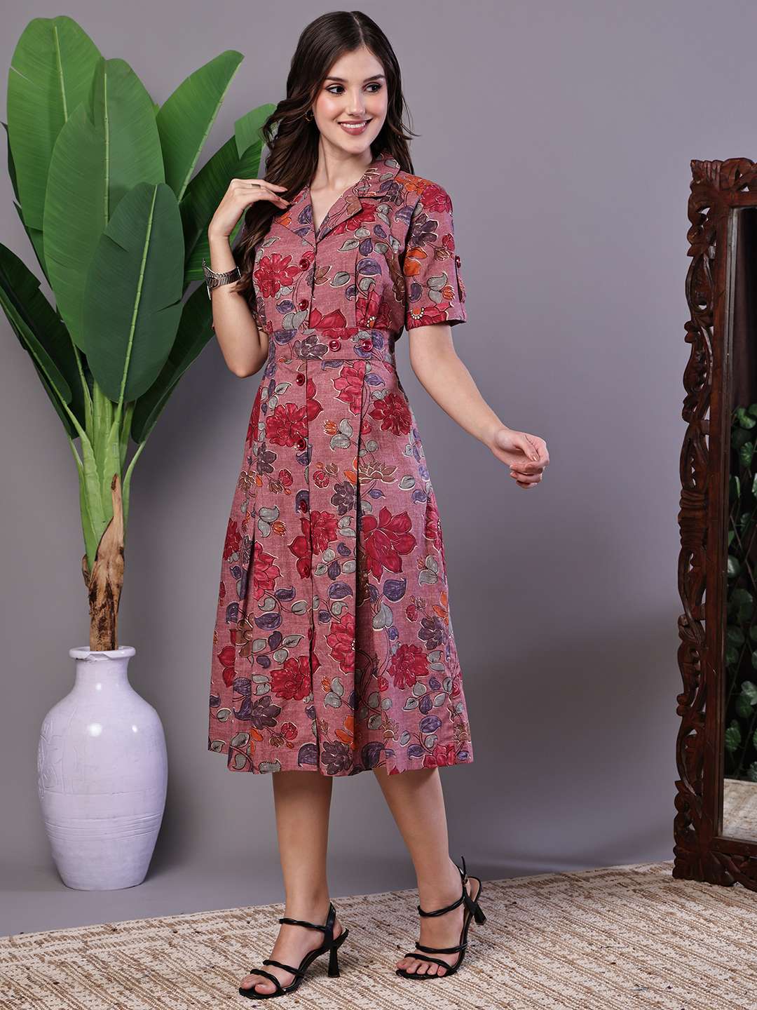 Women's Pink Floral Cotton Pleated Midi Dress with Collar - Image 3